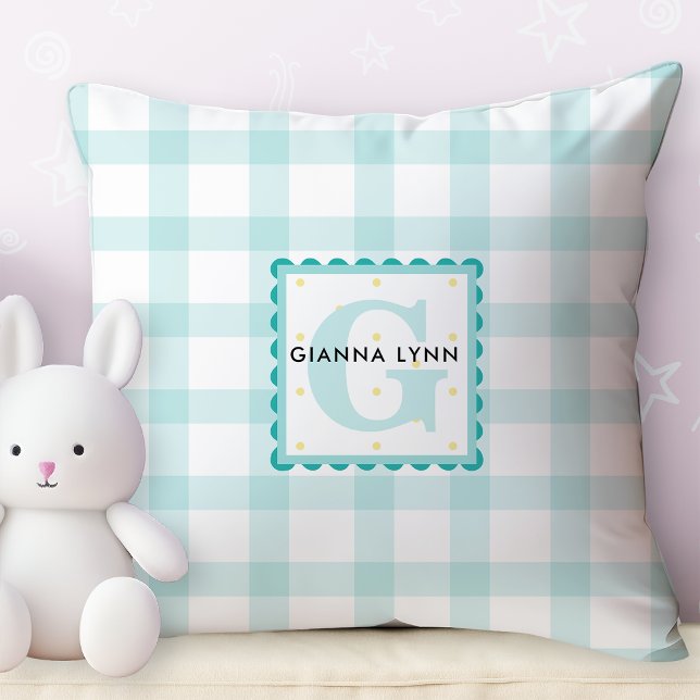 Aqua Blue Gingham Customizable Monogram Throw Pillow (Creator Uploaded)