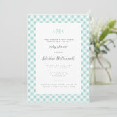 Aqua Blue Gingham Traditional Baby Shower Invitation (Standing Front)