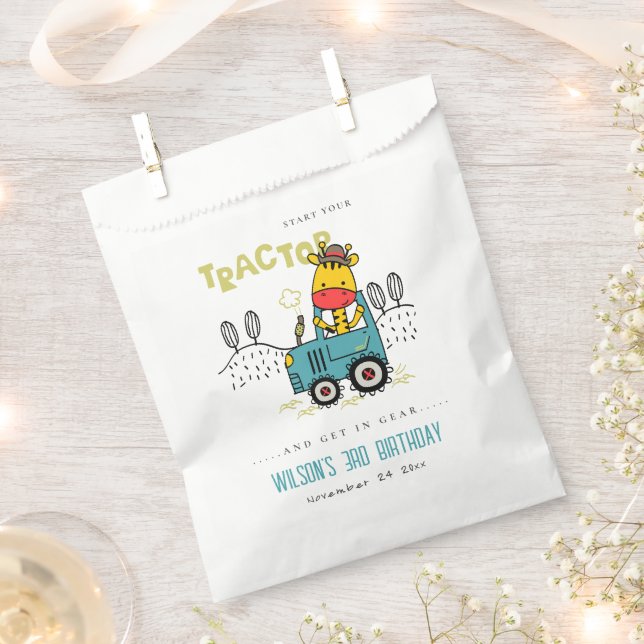 Aqua Blue Giraffe In Farm Tractor Boys Birthday Favor Bag (Clipped)
