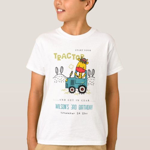 Aqua Blue Giraffe In Farm Tractor Boys Birthday T_Shirt