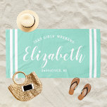 Aqua Blue Girls Weekend Monogram Name Beach Towel<br><div class="desc">Fresh aqua blue and white stripes make this the bestselling girls' weekend beach towel in the collection. Features arched Girls' Weekend text with year, a flowing script monogram name, and customizable destination. All text is fully editable for bachelorette weekends, birthday celebrations, and group getaways. A gorgeous and popular keepsake the...</div>