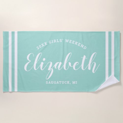Aqua Blue Girls Weekend Personalized Name Beach Towel