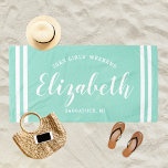 Aqua Blue Girls Weekend Personalized Name Beach Towel<br><div class="desc">Personalized beach towel design for a girls' weekend vacation getaway features a custom first name in modern script writing framed by coastal stripes,  with custom text for the occasion. The aqua blue background color can be modified. Please visit our shop for other color options.</div>
