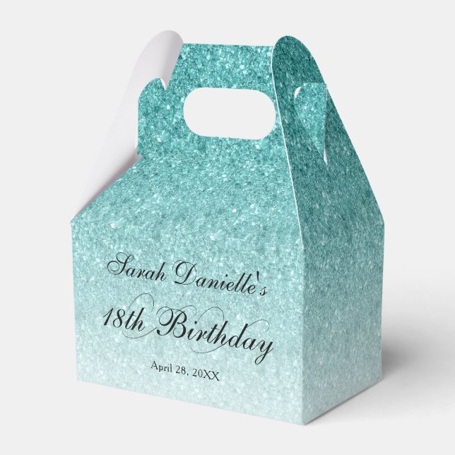 Aqua Blue Glam Glitter Personalized Favor Boxes (Front Side)