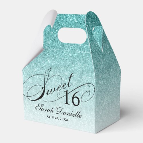 Aqua Blue Glam Glitter Sweet 16 Custom Party Favor Boxes