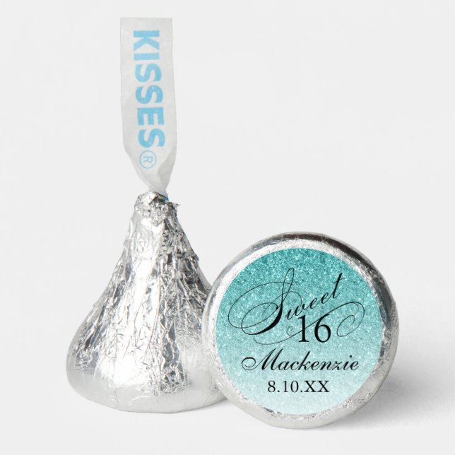 Aqua Blue Glam Glitter Sweet 16 Personalized Hershey®'s Kisses® (Front)