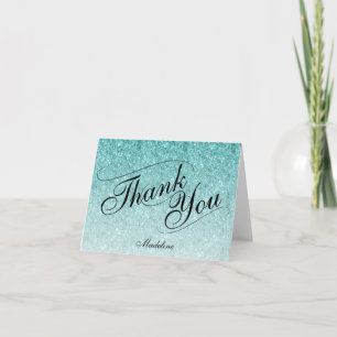 Aqua Blue Glam Glitter Thank You Card