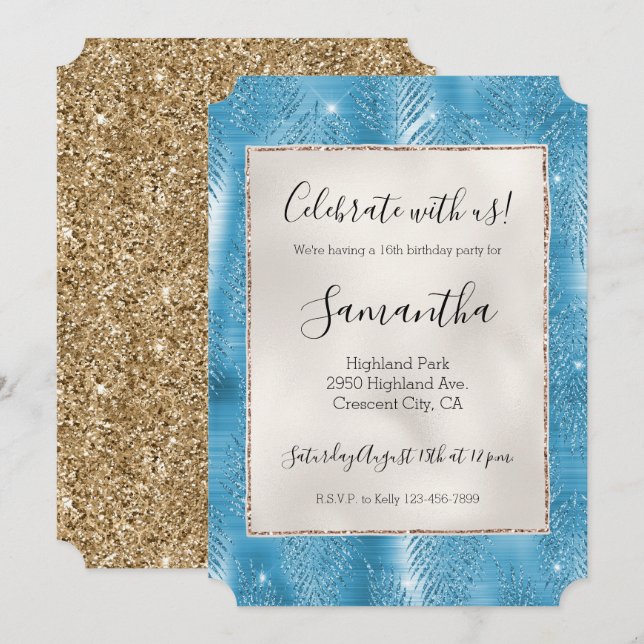 Aqua Blue Glam Glitter Tropical Leaves Invitation (Front/Back)