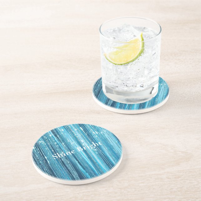 Aqua Blue Glam Tinsel Stripes Coaster (Side)