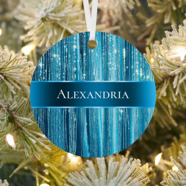 Aqua Blue Glam Tinsel Stripes Metal Ornament (Insitu)
