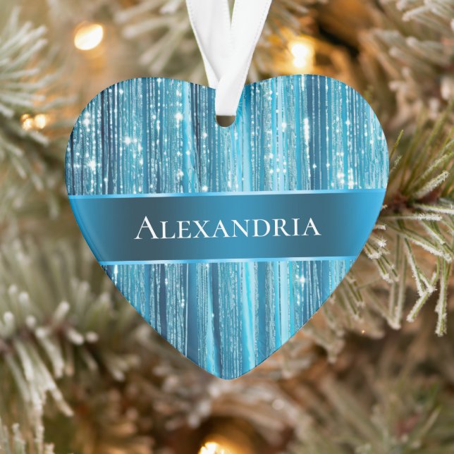 Aqua Blue Glam Tinsel Stripes Ornament (Tree)