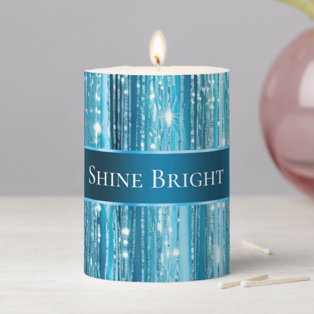Aqua Blue Glam Tinsel Stripes Quote Pillar Candle (In Situ)