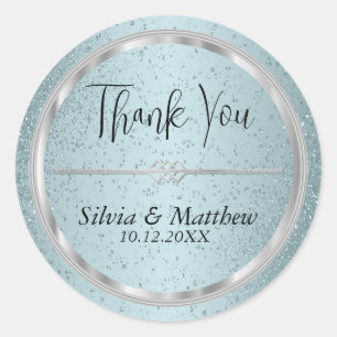 Aqua Blue Glitter and Silver - Thank You Classic Round Sticker