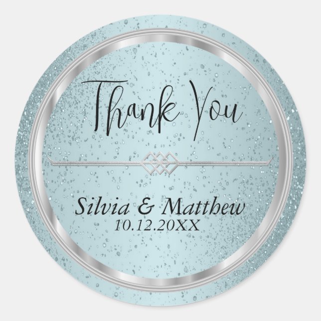  Aqua Blue Glitter and Silver - Thank You Classic Round Sticker (Front)