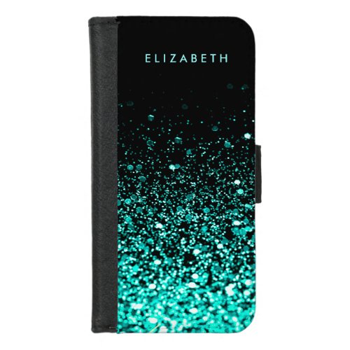 Aqua Blue Glitter Black iPhone 87 Wallet Case