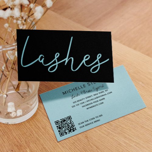 Aqua blue glitter black lash technician typography business card