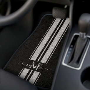 Aqua Blue Glitter + Black Stripe Monogram Metallic Car Floor Mat