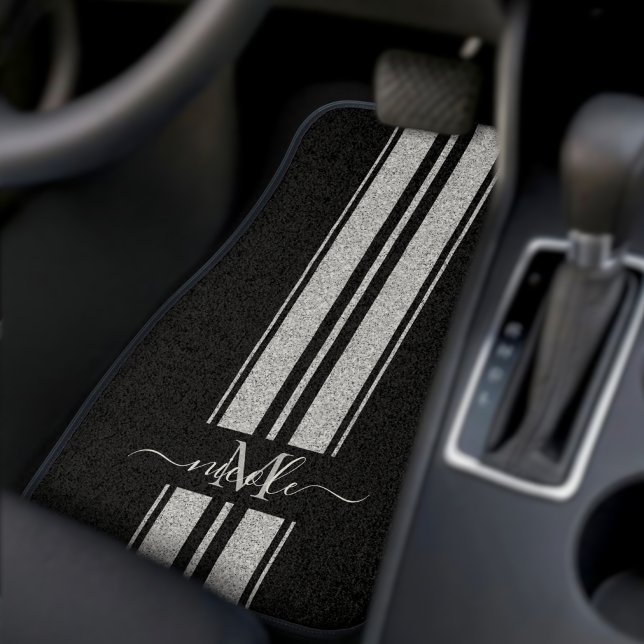 Aqua Blue Glitter + Black Stripe Monogram Metallic Car Floor Mat (Creator Uploaded)