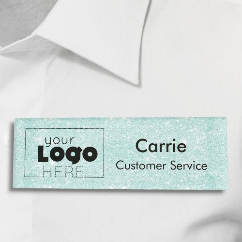 Aqua Blue Glitter Business Logo Employee Name Tags