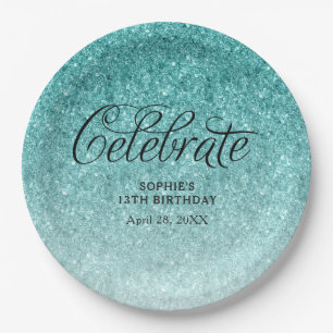 Aqua Blue Glitter Celebrate Personalized Paper Plates