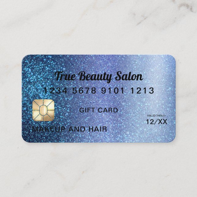 Aqua Blue Glitter Credit Card Gift Certificate (Front)
