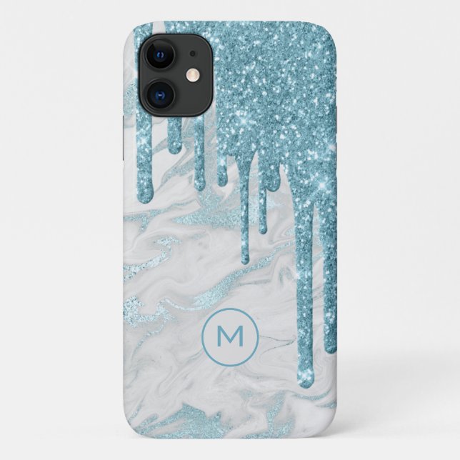 Aqua Blue Glitter Drips Monogrammed Case-Mate iPhone Case (Back)