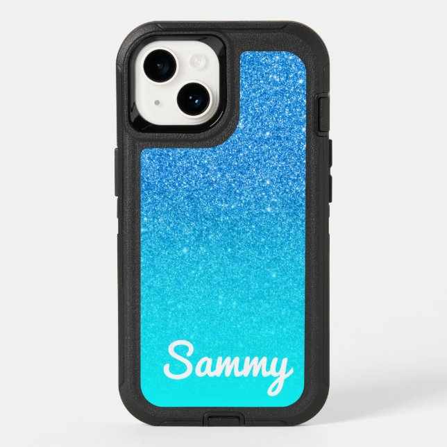 Aqua Blue Glitter Ombre Personalized Otterbox iPhone Case (Back)