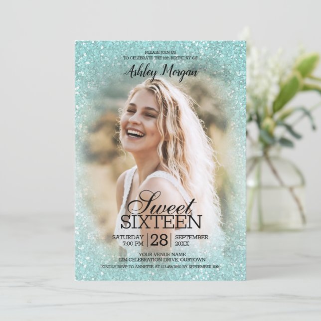 Aqua Blue Glitter Photo Template Sweet 16 Party (Standing Front)