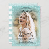Aqua Blue Glitter Photo Template Sweet 16 Party (Front/Back)