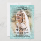 Aqua Blue Glitter Photo Template Sweet 16 Party (Front)