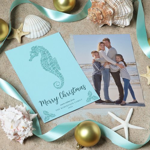 Aqua Blue Glitter Seahorse Coastal Christmas Photo Holiday Card