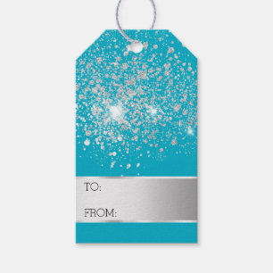 Aqua Blue Glitter Silver Confetti Christmas Gift Tags