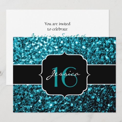 Beautiful Aqua blue glitter sparkles Sweet 16 Personalized Announcement
