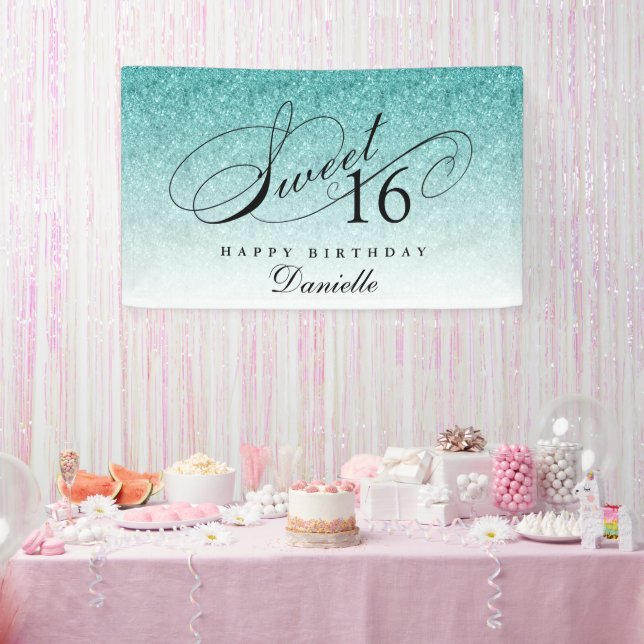 Aqua Blue Glitter Sweet 16 Personalized Birthday  Banner (Party)