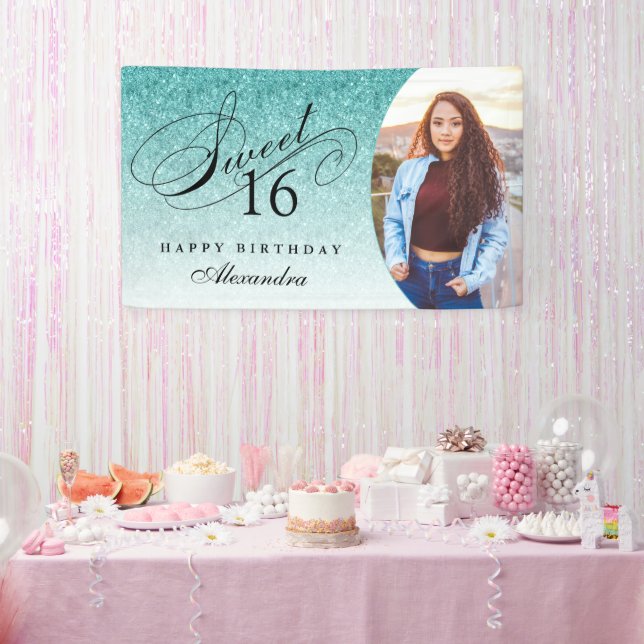Aqua Blue Glitter Sweet 16 Personalized Photo Banner (Party)
