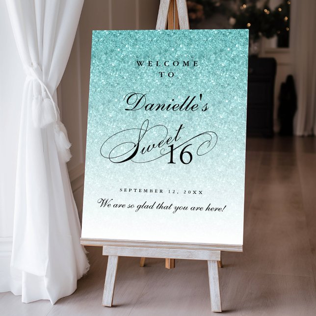 Aqua Blue Glitter Sweet 16 Personalized Welcome Foam Board (Creator Uploaded)