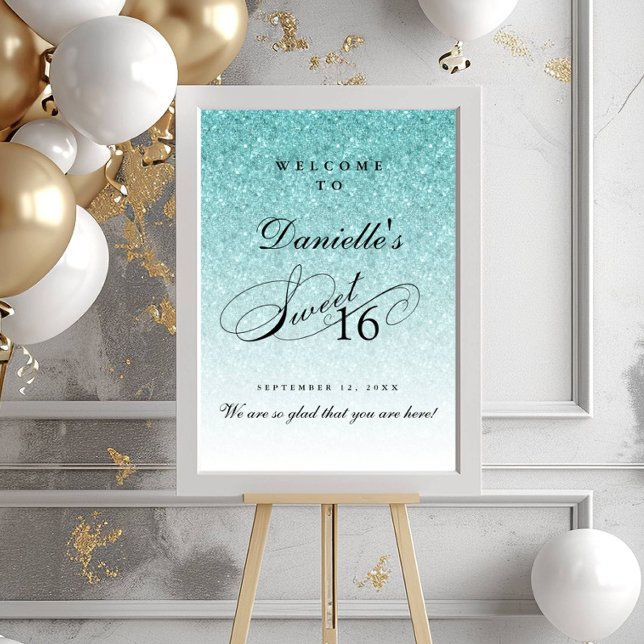 Aqua Blue Glitter Sweet 16 Personalized Welcome Poster (Creator Uploaded)