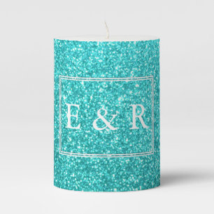 Aqua Blue Glitter with White Details Pillar Candle