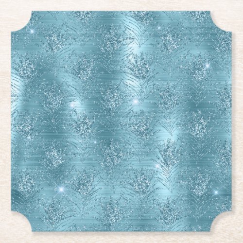 Aqua Blue Glitzy Glitter Peacock Feathers Paper Coaster