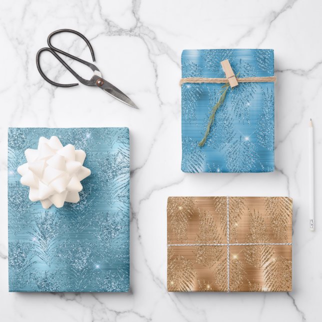 Aqua Blue Glitzy Glitter Peacock Feathers Wrapping Paper Sheets (Front)