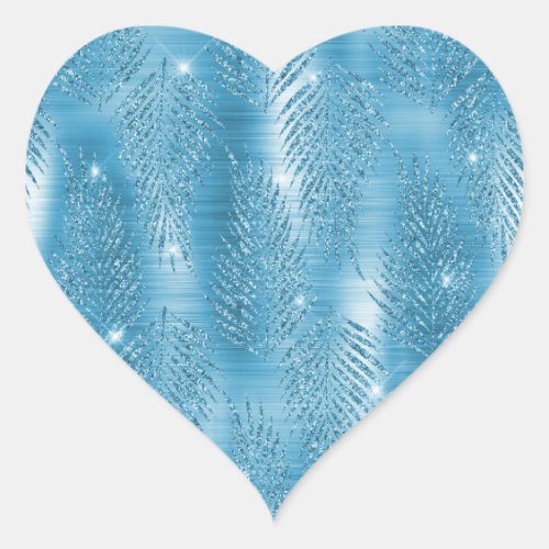Aqua Blue Glitzy Glitter Tropical Leaves Heart Sticker