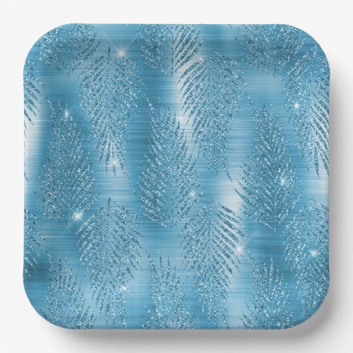 Aqua Blue Glitzy Glitter Tropical Leaves Paper Plates