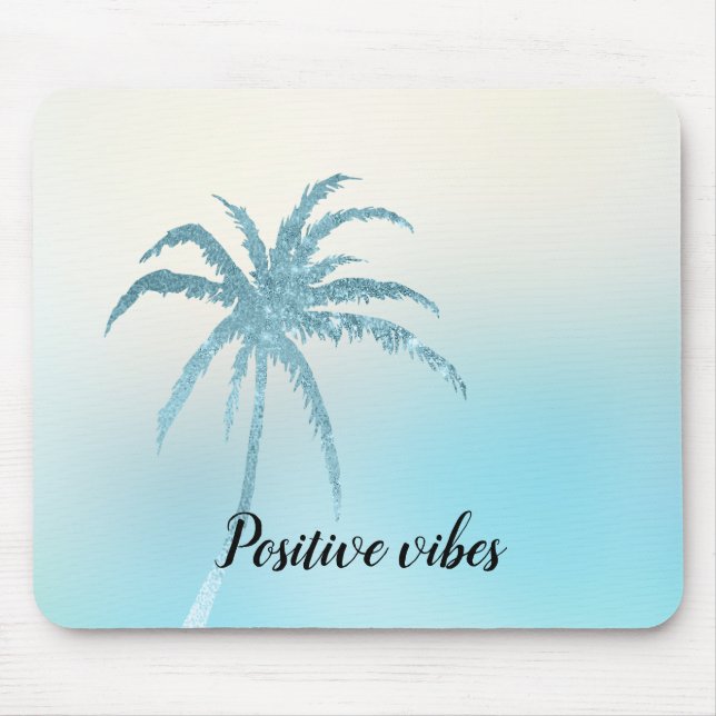 Aqua Blue Glitzy Sparkle Tropical Palm Tree Mouse Pad (Front)
