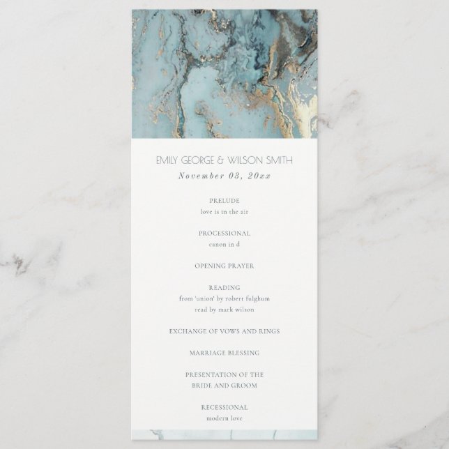 AQUA BLUE GOLD AGATE WEDDING CEREMONY PROGRAM (Front)