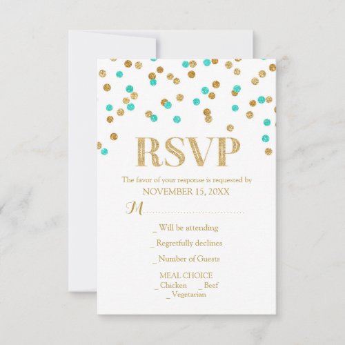 Aqua Blue Gold Confetti Wedding RSVP Cards