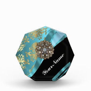 Aqua blue & gold damask faux crystal award