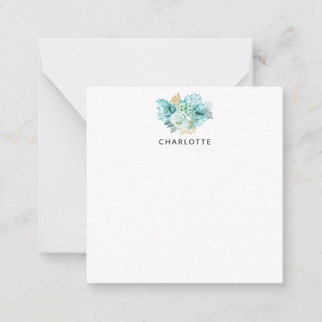 Aqua Blue Gold Floral Personalized Note Card (Front)