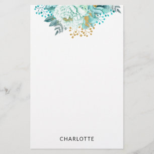 Aqua Blue Gold Floral Personalized Stationery