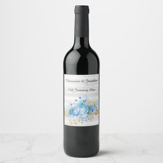 AQUA BLUE GOLD FLORAL RUSTIC WINE LABEL (Front)