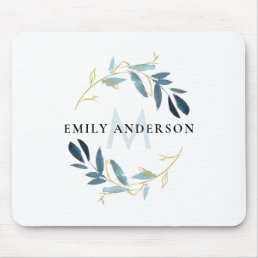 AQUA BLUE GOLD FOLIAGE WATERCOLOR WREATH MONOGRAM MOUSE PAD